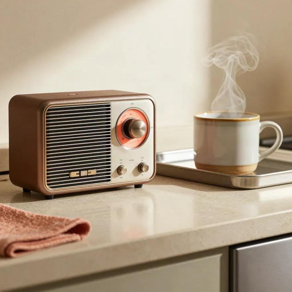 Keukenradio, speaker, mok en ontbijttray in ochtendlicht op een stenen aanrecht.