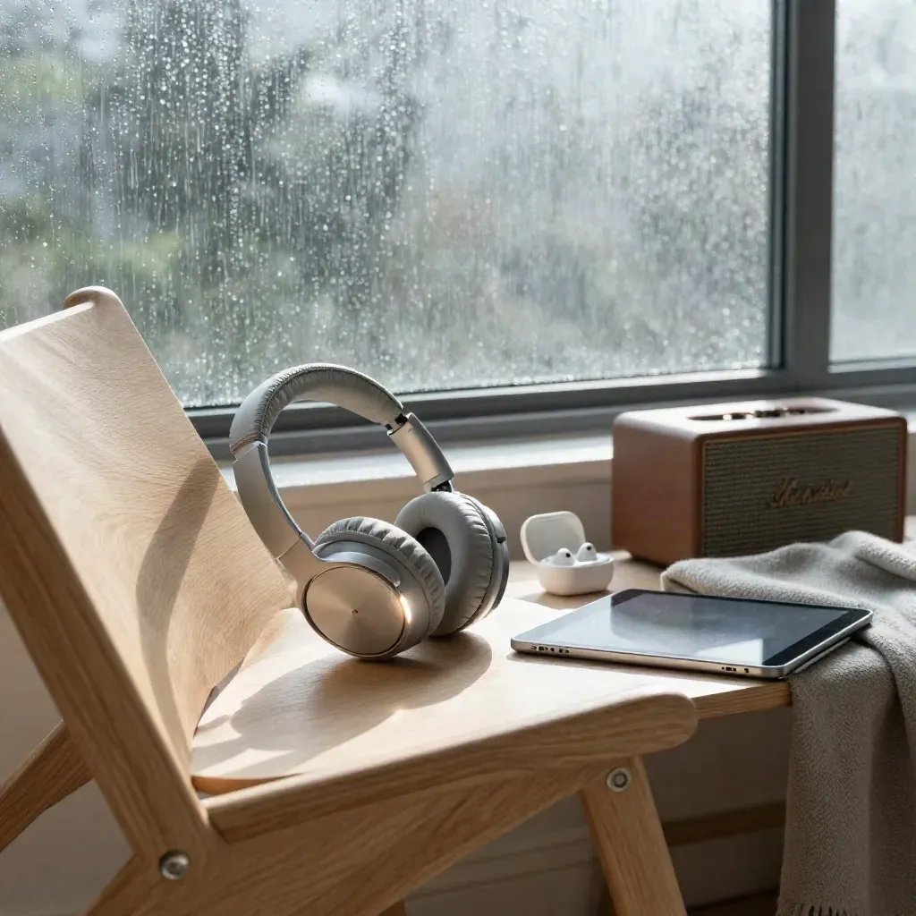 Premium koptelefoon op een eiken stoel bij raam met regen en zacht ochtendlicht.