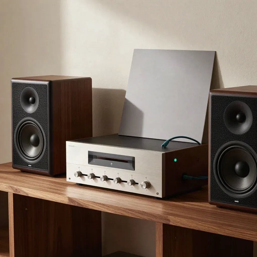 Equalizer, speakers en vinylhoes in een rustige luisterhoek met zacht daglicht.