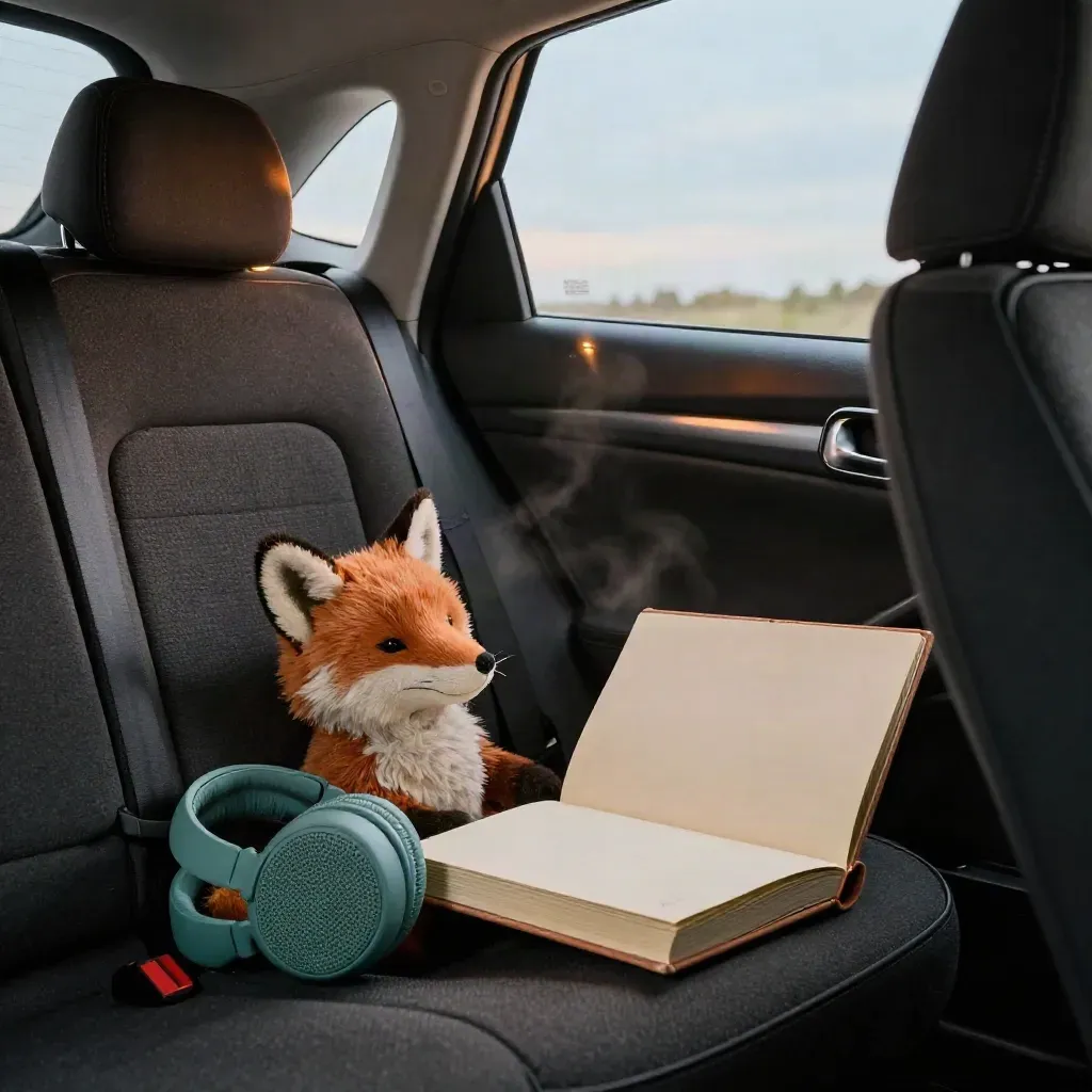 Kinderautonook met knuffel, speaker, koptelefoon en prentenboek in warm schemerlicht.